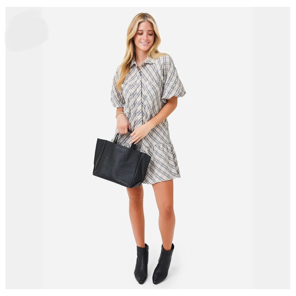 Jonathan Simkhai Dress Crissy Raglan Puff Sleeve Plaid Check Academia Minimalist